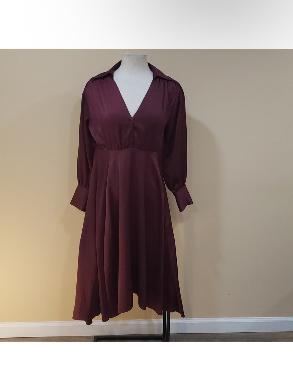 Zara Wine V-Neck Long Sleeve Midi Dress, Burgundy color